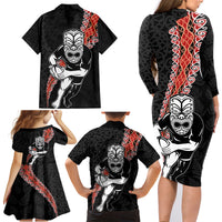 New Zealand Maori Warrior Rugby Family Matching Long Sleeve Bodycon Dress and Hawaiian Shirt Maori and Silver Fern Half Style LT03 - Polynesian Pride