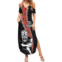 New Zealand Maori Warrior Rugby Family Matching Summer Maxi Dress and Hawaiian Shirt Maori and Silver Fern Half Style LT03 Mom's Dress Black - Polynesian Pride