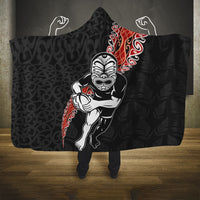 New Zealand Maori Warrior Rugby Hooded Blanket Maori and Silver Fern Half Style LT03 One Size Black - Polynesian Pride