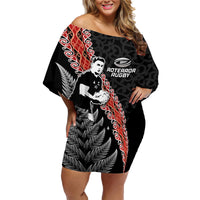 New Zealand Maori Rugby Player Family Matching Off Shoulder Short Dress and Hawaiian Shirt Maori and Silver Fern Half Style LT03 Mom's Dress Black - Polynesian Pride