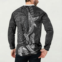 Hawaiian Monk Seal and Whale Button Sweatshirt Kakau Tribal Pattern Grayscale