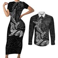Hawaiian Monk Seal and Whale Couples Matching Short Sleeve Bodycon Dress and Long Sleeve Button Shirt Kakau Tribal Pattern Grayscale LT03 Black - Polynesian Pride
