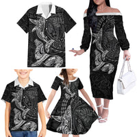 Hawaiian Monk Seal and Whale Family Matching Off The Shoulder Long Sleeve Dress and Hawaiian Shirt Kakau Tribal Pattern Grayscale LT03 - Polynesian Pride