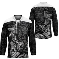 Hawaiian Monk Seal and Whale Hockey Jersey Kakau Tribal Pattern Grayscale