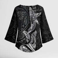 Hawaiian Monk Seal and Whale Kimono Sleeve Blouse Kakau Tribal Pattern Grayscale