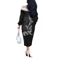 Hawaiian Monk Seal and Whale Off The Shoulder Long Sleeve Dress Kakau Tribal Pattern Grayscale
