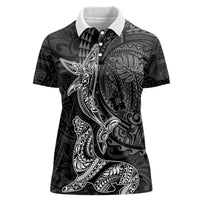Hawaiian Monk Seal and Whale Women Polo Shirt Kakau Tribal Pattern Grayscale
