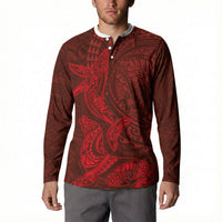 Hawaiian Monk Seal and Whale Button Sweatshirt Kakau Tribal Pattern Red Color LT03 - Polynesian Pride