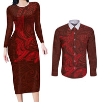 Hawaiian Monk Seal and Whale Couples Matching Long Sleeve Bodycon Dress and Long Sleeve Button Shirt Kakau Tribal Pattern Red Color LT03 Red - Polynesian Pride