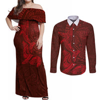 Hawaiian Monk Seal and Whale Couples Matching Off Shoulder Maxi Dress and Long Sleeve Button Shirt Kakau Tribal Pattern Red Color LT03 Red - Polynesian Pride