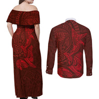 Hawaiian Monk Seal and Whale Couples Matching Off Shoulder Maxi Dress and Long Sleeve Button Shirt Kakau Tribal Pattern Red Color LT03 - Polynesian Pride