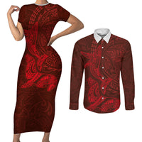 Hawaiian Monk Seal and Whale Couples Matching Short Sleeve Bodycon Dress and Long Sleeve Button Shirt Kakau Tribal Pattern Red Color LT03 Red - Polynesian Pride