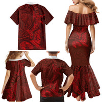 Hawaiian Monk Seal and Whale Family Matching Mermaid Dress and Hawaiian Shirt Kakau Tribal Pattern Red Color LT03 - Polynesian Pride