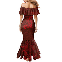 Hawaiian Monk Seal and Whale Family Matching Mermaid Dress and Hawaiian Shirt Kakau Tribal Pattern Red Color LT03 - Polynesian Pride