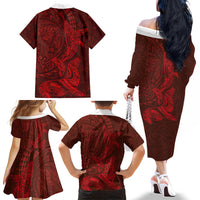Hawaiian Monk Seal and Whale Family Matching Off The Shoulder Long Sleeve Dress and Hawaiian Shirt Kakau Tribal Pattern Red Color LT03 - Polynesian Pride