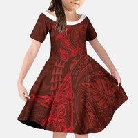 Hawaiian Monk Seal and Whale Family Matching Off Shoulder Maxi Dress and Hawaiian Shirt Kakau Tribal Pattern Red Color LT03 Daughter's Dress Red - Polynesian Pride