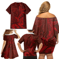 Hawaiian Monk Seal and Whale Family Matching Off Shoulder Short Dress and Hawaiian Shirt Kakau Tribal Pattern Red Color LT03 - Polynesian Pride