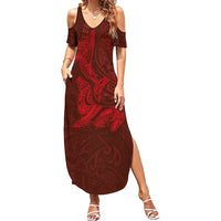 Hawaiian Monk Seal and Whale Family Matching Summer Maxi Dress and Hawaiian Shirt Kakau Tribal Pattern Red Color LT03 Mom's Dress Red - Polynesian Pride