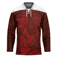 Hawaiian Monk Seal and Whale Hockey Jersey Kakau Tribal Pattern Red Color