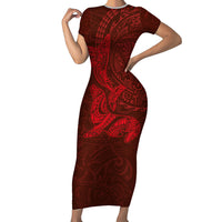 Hawaiian Monk Seal and Whale Short Sleeve Bodycon Dress Kakau Tribal Pattern Red Color