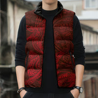 Hawaiian Monk Seal and Whale Sleeveless Puffer Jacket Kakau Tribal Pattern Red Color