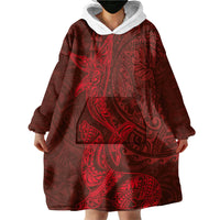 Hawaiian Monk Seal and Whale Wearable Blanket Hoodie Kakau Tribal Pattern Red Color