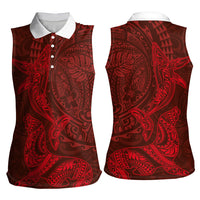 Hawaiian Monk Seal and Whale Women Sleeveless Polo Shirt Kakau Tribal Pattern Red Color LT03 - Polynesian Pride