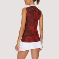 Hawaiian Monk Seal and Whale Women Sleeveless Polo Shirt Kakau Tribal Pattern Red Color LT03 - Polynesian Pride