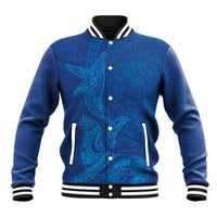 Hawaiian Monk Seal and Whale Baseball Jacket Kakau Tribal Pattern Blue Color