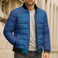 Hawaiian Monk Seal and Whale Bomber Puffer Jacket Kakau Tribal Pattern Blue Color