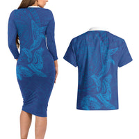 Hawaiian Monk Seal and Whale Couples Matching Long Sleeve Bodycon Dress and Hawaiian Shirt Kakau Tribal Pattern Blue Color LT03 - Polynesian Pride