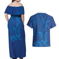Hawaiian Monk Seal and Whale Couples Matching Off Shoulder Maxi Dress and Hawaiian Shirt Kakau Tribal Pattern Blue Color LT03 - Polynesian Pride