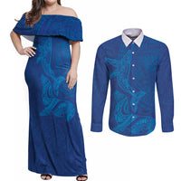 Hawaiian Monk Seal and Whale Couples Matching Off Shoulder Maxi Dress and Long Sleeve Button Shirt Kakau Tribal Pattern Blue Color LT03 Blue - Polynesian Pride