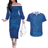 Hawaiian Monk Seal and Whale Couples Matching Off The Shoulder Long Sleeve Dress and Hawaiian Shirt Kakau Tribal Pattern Blue Color LT03 Blue - Polynesian Pride