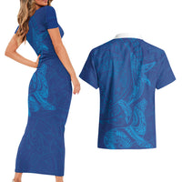 Hawaiian Monk Seal and Whale Couples Matching Short Sleeve Bodycon Dress and Hawaiian Shirt Kakau Tribal Pattern Blue Color LT03 - Polynesian Pride