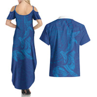 Hawaiian Monk Seal and Whale Couples Matching Summer Maxi Dress and Hawaiian Shirt Kakau Tribal Pattern Blue Color LT03 - Polynesian Pride