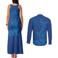 Hawaiian Monk Seal and Whale Couples Matching Tank Maxi Dress and Long Sleeve Button Shirt Kakau Tribal Pattern Blue Color LT03 - Polynesian Pride