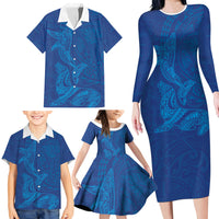 Hawaiian Monk Seal and Whale Family Matching Long Sleeve Bodycon Dress and Hawaiian Shirt Kakau Tribal Pattern Blue Color LT03 - Polynesian Pride