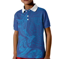 Hawaiian Monk Seal and Whale Kid Polo Shirt Kakau Tribal Pattern Blue Color