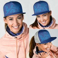 Hawaiian Monk Seal and Whale Mesh Trucker Cap Kakau Tribal Pattern Blue Color