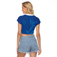 Hawaiian Monk Seal and Whale Raglan Cropped T Shirt Kakau Tribal Pattern Blue Color