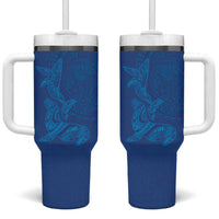 Hawaiian Monk Seal and Whale Tumbler With Handle Kakau Tribal Pattern Blue Color