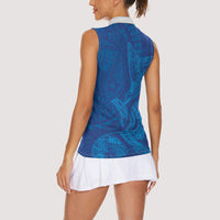 Hawaiian Monk Seal and Whale Women Sleeveless Polo Shirt Kakau Tribal Pattern Blue Color LT03 - Polynesian Pride
