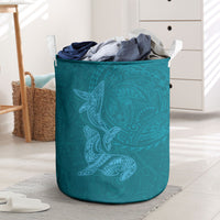 Hawaiian Monk Seal and Whale Laundry Basket Kakau Tribal Pattern Teal Color