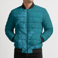 Hawaiian Monk Seal and Whale Bomber Puffer Jacket Kakau Tribal Pattern Teal Color