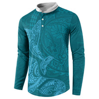Hawaiian Monk Seal and Whale Button Sweatshirt Kakau Tribal Pattern Teal Color