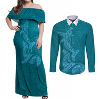 Hawaiian Monk Seal and Whale Couples Matching Off Shoulder Maxi Dress and Long Sleeve Button Shirt Kakau Tribal Pattern Teal Color LT03 Teal - Polynesian Pride