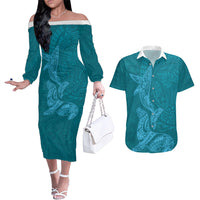 Hawaiian Monk Seal and Whale Couples Matching Off The Shoulder Long Sleeve Dress and Hawaiian Shirt Kakau Tribal Pattern Teal Color LT03 Teal - Polynesian Pride