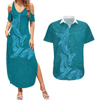 Hawaiian Monk Seal and Whale Couples Matching Summer Maxi Dress and Hawaiian Shirt Kakau Tribal Pattern Teal Color LT03 Teal - Polynesian Pride