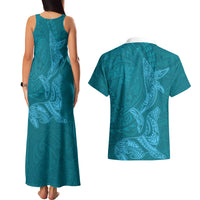 Hawaiian Monk Seal and Whale Couples Matching Tank Maxi Dress and Hawaiian Shirt Kakau Tribal Pattern Teal Color LT03 - Polynesian Pride